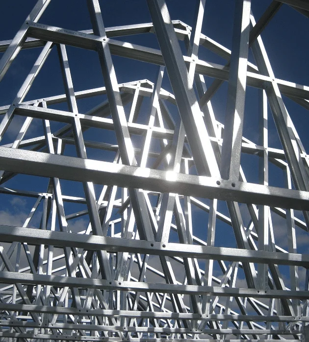 Close-up of galvanized steel roof trusses for Georgia barndo
