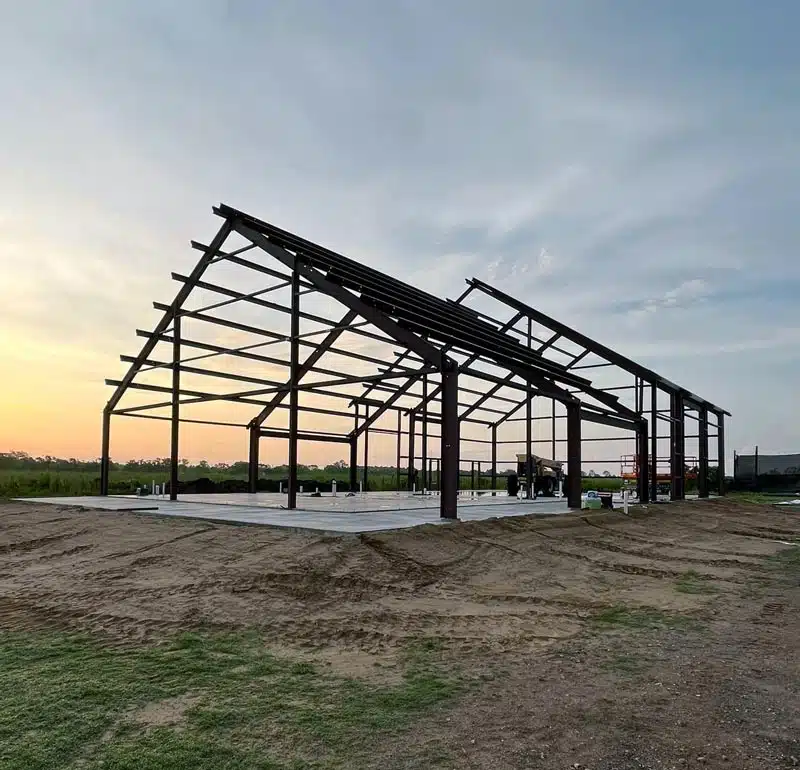 Barndominium frame at sunset in Georgia